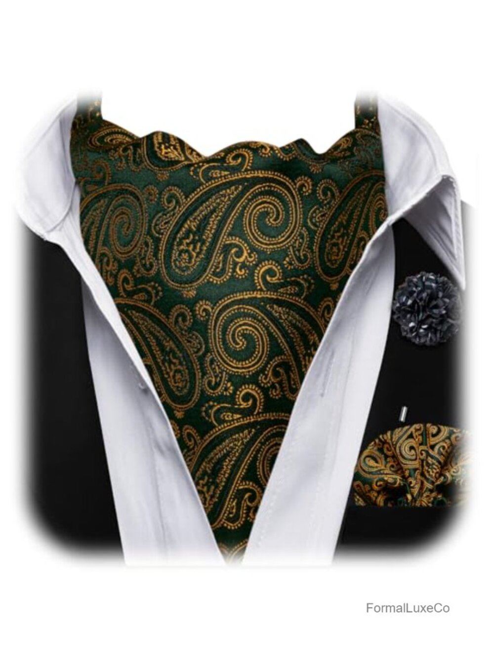 Silk Paisley Floral Cravat Ascot Tie Set with Pocket Square and Lapel Pin